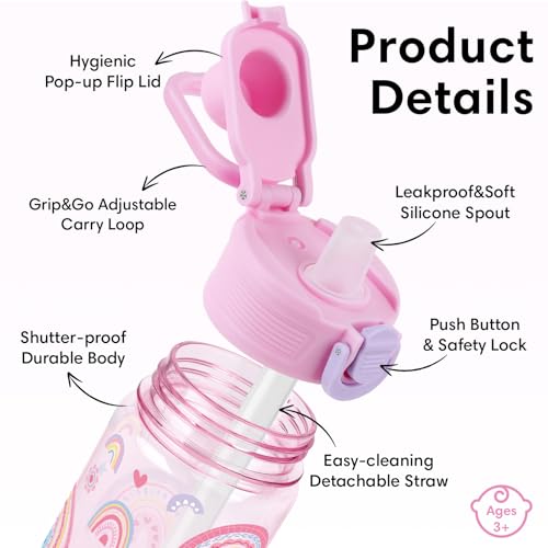 Kids Water Bottle with Bite & Sip Straw - Rainbow Unicorn Set - Pink & Purple