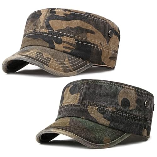 2 Pack Cadet Army Caps Cotton Military Style Patrol Hats Adjustable Veteran Flat Top Hat