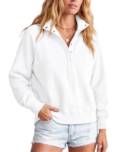 Women's Oversized Fall Sweatshirt with Mock Neck and Henley Pullover - Medium White