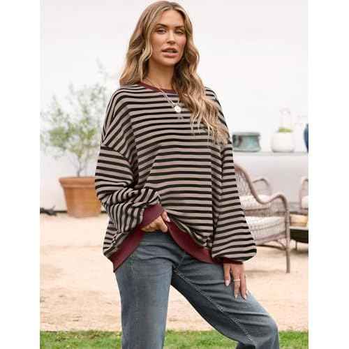 UEU Women Oversized Striped Crewneck Sweatshirt Long Sleeve Color Block Pullover Tops Casual Loose Workout Shirt
