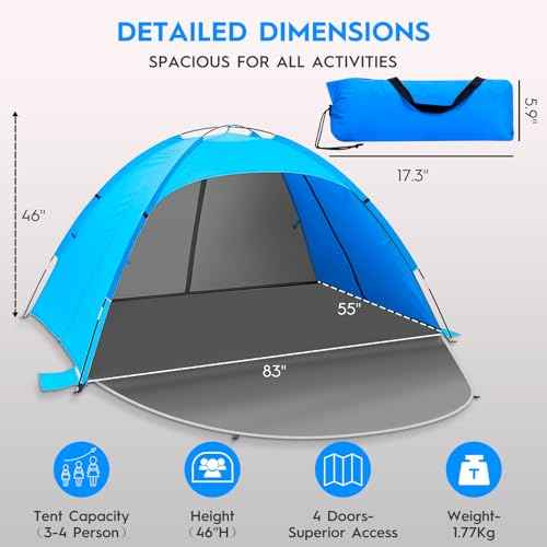 Beach Tent Sun Shelter for 3?4 People, UPF 50+ Beach Tent with Breathable 4-Door Design, 8.0mm Fiberglass Poles, Portable Sun Shade Canopy for Camping & Outdoor ? Blue