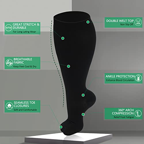 Wide Calf Compression Socks for Women Men Plus Size Knee High Stockings 5X-Large Black