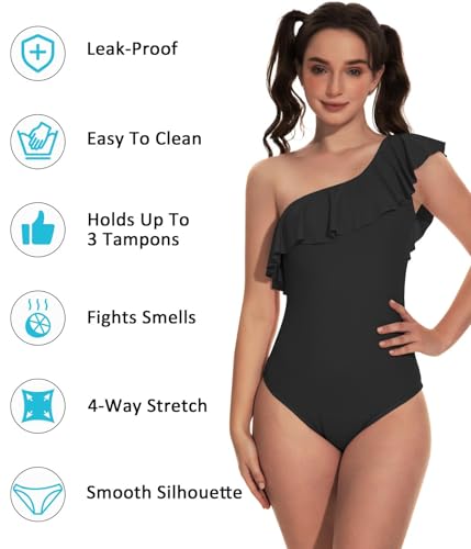 Beautikini Menstrual One Shoulder Ruffle One-Piece Swimsuit - XX-Small Black