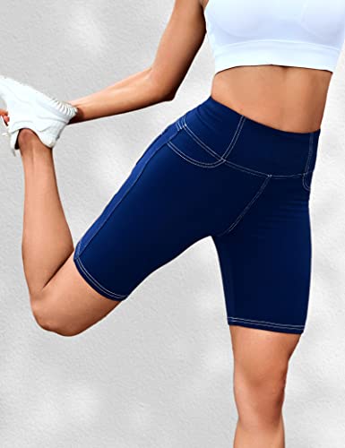 High Waisted Yoga Biker Shorts with Pockets - 8 Inch Inseam, Navy Blue, XX-Large