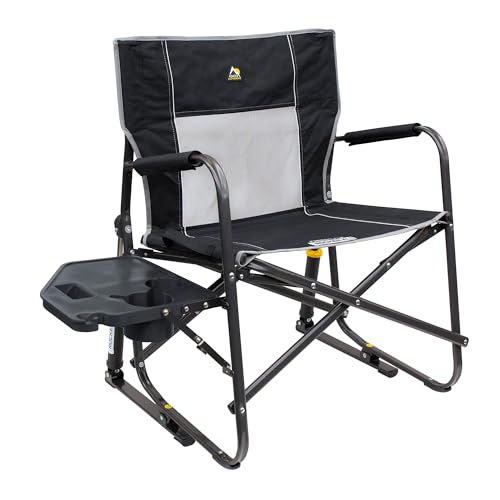 GCI Outdoor Freestyle Rocker XL with Side Table Camping Chair | Portable Folding Rocking Chair with Solid, Durable Armrests, Drink Holder & Comfortable Backrest ? Black