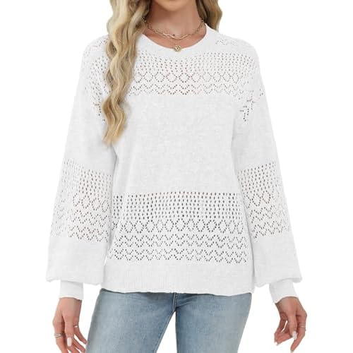 Lylinan Womens Sweaters Casual Boho Long Sleeve Shirts Crewneck Lightweight Crochet Tops Pullover Knit Sweater