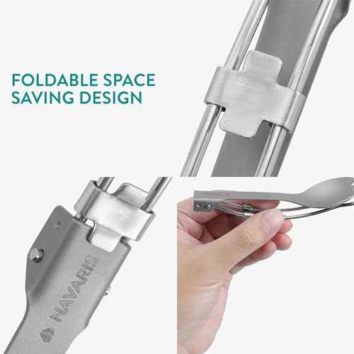 Navaris Titanium & Stainless Steel Spork - Lightweight & Foldable Travel Cutlery - Compact Reusable Fork & Spoon with Locking Mechanism & Carry Bag - Sporks for Camping & Outdoors