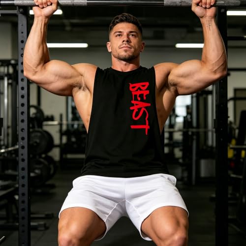 Men's Black Large Tank Top Workout Sleeveless Gym Muscle Tank Shirt - CUIFUTANG