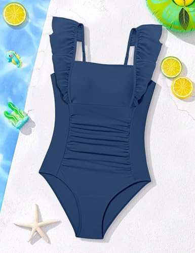 Girls Swimsuit One-Piece Bathing Suit with Ruffle & Adjustable Straps - Navy Blue, 13-14 Years