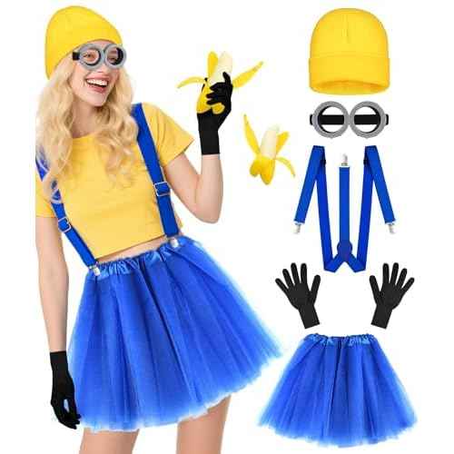 MEEZY 5 Pcs Yellow Halloween Costume Accessories Women Beanie Tutu Skirt Suspenders Goggles Cosplay Dress Up Supplies