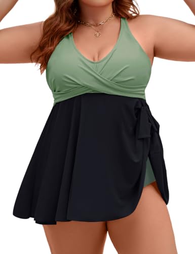 Plus Size Tankini Swimsuit Two Piece Tummy Control Bathing Suit - Army Green & Black XX-Large