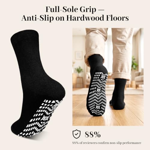 Non Slip Grip Socks for Men - Fall Prevention Hospital Seniors 11-13, Black - 5 Pairs
