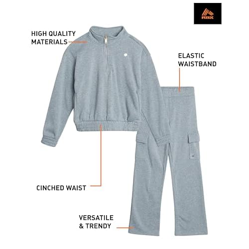 RBX Girls Sweat Set - 2 Piece 1/4 Zip Mock Neck Fleece Pullover Sweatshirt and Matching Cargo Jogger Sweatpants (7-12)