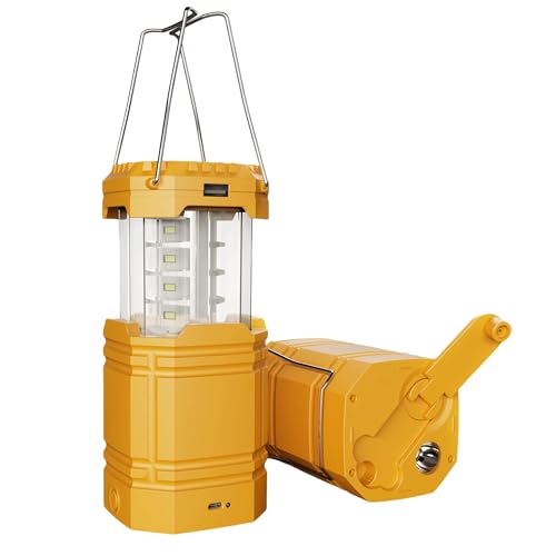 Yellow Portable LED Camping Lantern with 3000mAh Solar Hand Crank Rechargeable Battery