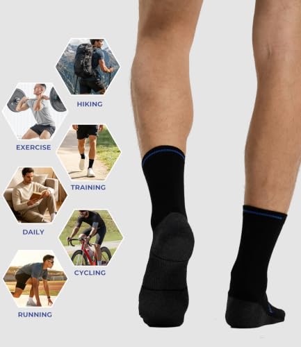 Men's Athletic Mid Crew Socks 6 Pairs - Moisture Wicking, Large / Black