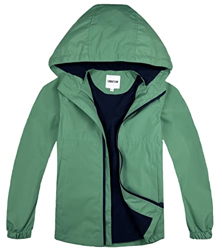 Kids Waterproof Hooded Rain Jacket with Fleece Lining - Green, 8-9 Years