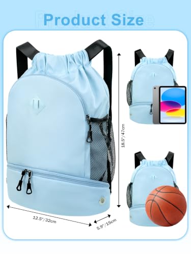 Large Water-Resistant Drawstring Backpack with Shoe & Wet Pocket - Blue