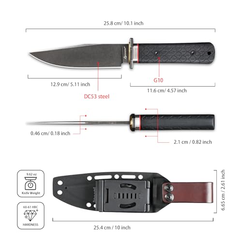 DC53 Steel Fixed Blade Hunting Knife with Sheath - Tactical Outdoor Survival Knife, Black Stone Wash
