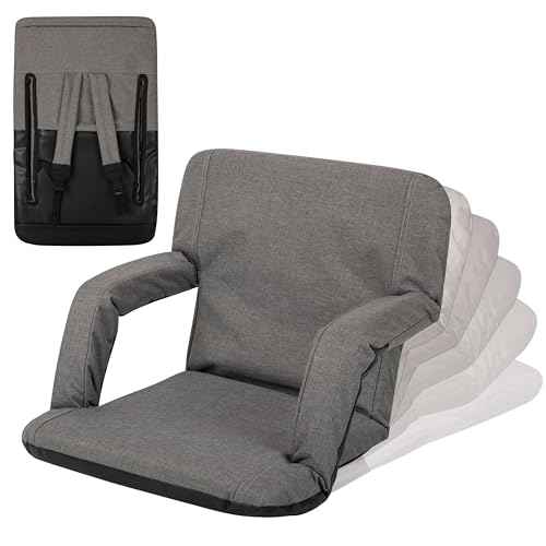PICNIC TIME Ventura Portable Reclining Stadium Seat with Back Support, Folding Bleacher Chairs with Back and Cushion, Thick Padded Stadium Seat and Armrest and Six Backrest Positions, (Heathered Gray)