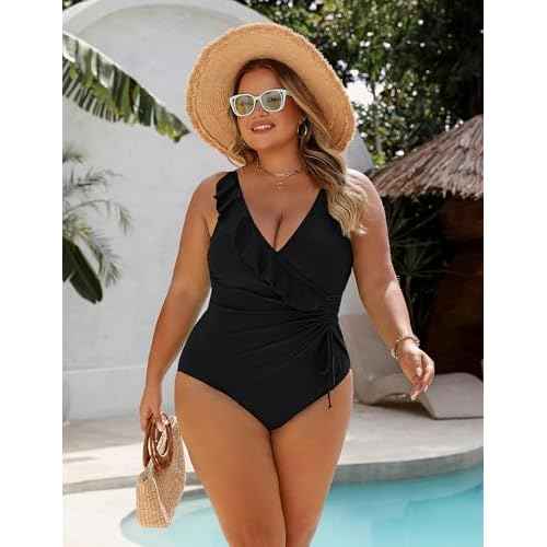 BMJL Women's One Piece Swimsuits Tummy Control Modest Bathing Suit Ruffle V Neck Swim Suits