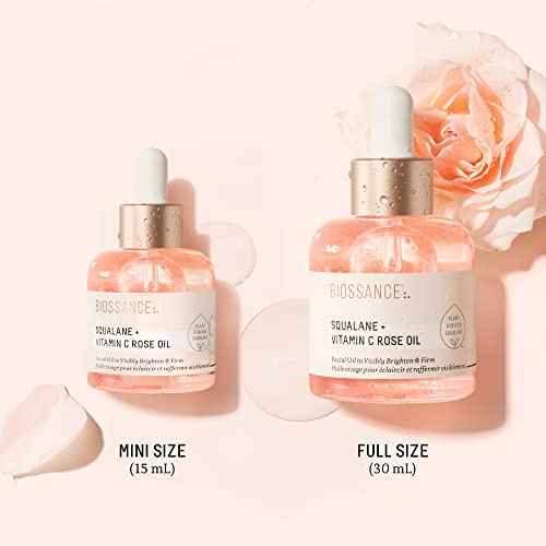 BIOSSANCE Squalane + Vitamin C Rose Advanced Facial Oil - Brightening, Firming, and Hydrating Serum for All Skin Types - Chios Crystal Oil, Damascus Rose Extract & Squalane for Radiance