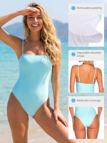 Women's One Piece Swimsuit Bandeau Tummy Control Bathing Suit - Light Blue, Medium