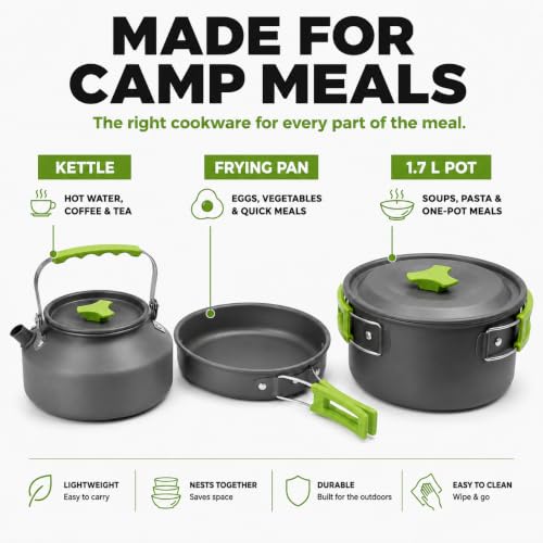 17-Piece Camping Cookware Set - 1.7L Pot, Frying Pan, Kettles, Cups & Utensils - Green