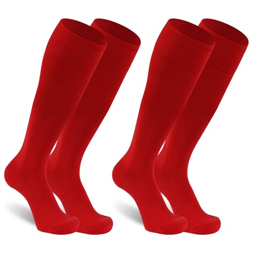 Unisex Soccer Knee-High Sports Socks - Solid Team Football Socks, Medium, Red, 2 Pairs