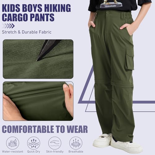 Boys Cargo Pants Kids' Hiking Quick Dry Lightweight Convertible Youth Waterproof Outdoor Camping Fishing Scout Pants #9016 Army Green-XL