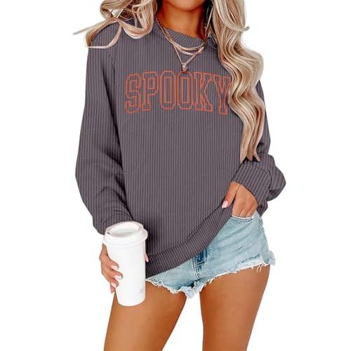 QLIPIN Spooky Season Sweatshirt Womens Halloween Sweatshirt Spooky Fall Ribbed Textured Knit Long Sleeve Pullover Tops