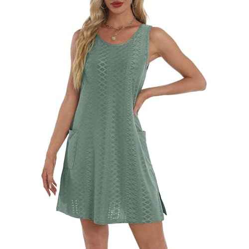 Coverup Summer Dresses for Women 2025 Eyelet Casual Loose Sleeveless Sundresses Tank Dresses with Pockets
