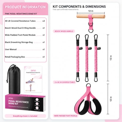 Pink Resistance Band Pedal Set with Wood Handle & Wide Foot Pedals - 3 x 30 lb Tubes