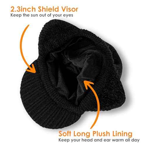 Winter Beanie with Brim and Ear Flaps for Men, Knitted hat with Fleece Lining for Warmth Caps for Men Women