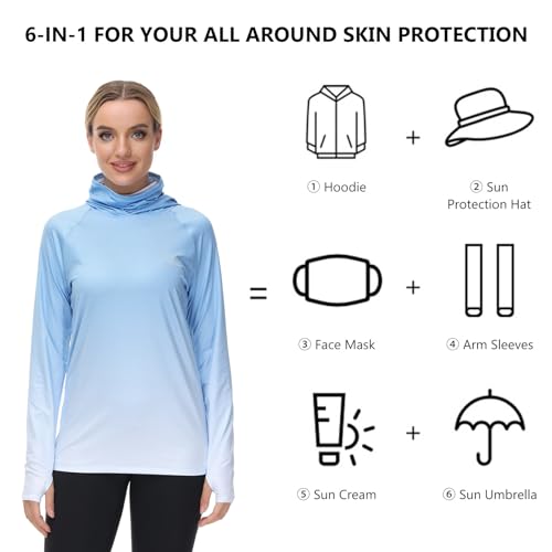 Women's Fishing Hoodie Shirt with Face Mask and Thumb Holes - UPF 50+ Sky Blue Spot Gradient - Medium