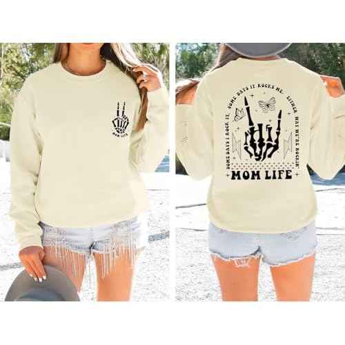 Mom Life Sweatshirt Mama Sweatshirts for Women Skeleton Halloween Long Sleeve Shirt Rock Crewneck Graphic Pullover
