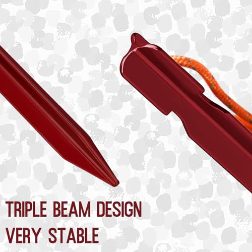 Grassman Tent Stakes 16 Pack - 9 Inch Heavy Duty Aluminum Ground Pegs with Reflective Ropes - Red Variation