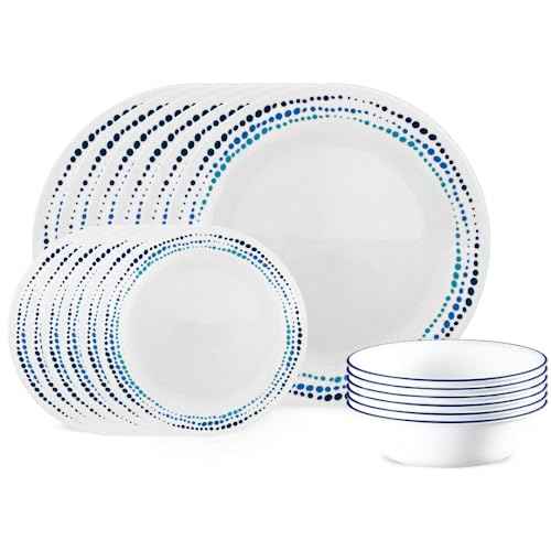 Corelle Vitrelle 18-Piece Service for 6 Dinnerware Set Triple Layer Glass and Chip Resistant, Lightweight Round Plates and Bowls Set, Ocean Blue