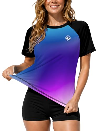 Women Short Sleeve Rash Guard Sun Protection Swim Shirt - Gradient Purple Blue, Medium