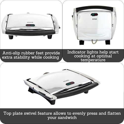 IMUSA 12x10in Stainless Steel Electric Panini Press with Temperature Control, Nonstick Plates for Sandwiches, Grilled Paninis, Quesadillas, and More