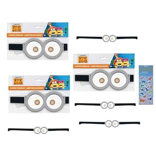 Despicable Me 4 Birthday Party Supplies Bundle includes 24 Party Paper Goggle Masks and 1 Dinosaur Sticker Sheet