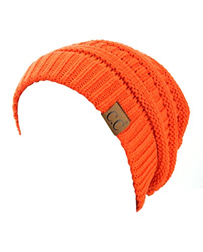 Unisex Neon Orange Cable Knit Beanie Hat - Warm Chunky Soft Stretch Winter Accessory