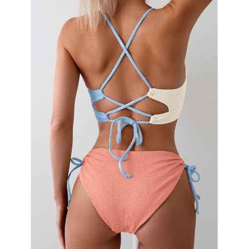 B2prity Women's Sexy Bikini Set Color Block Lace Up 2 Piece Bathing Suit Tie Side Swimsuit