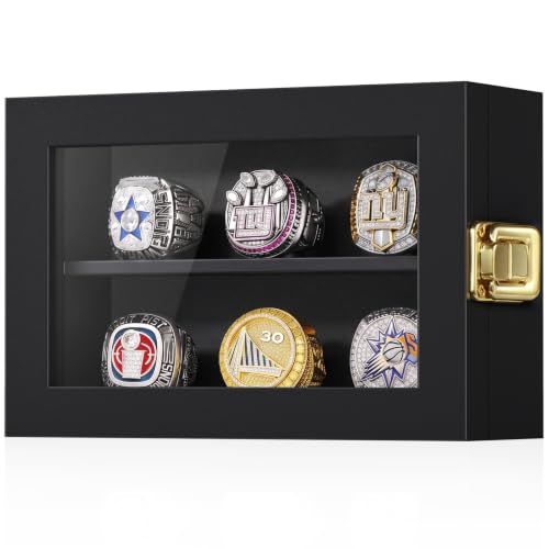 Wall Mount Championship Ring Display Case - 6 Rings Black Wood Glass Cover - Variation of THIS listing: 6 Posts-Black-Rectangle