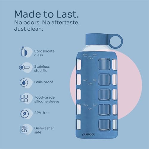 22oz Borosilicate Glass Water Bottle with Time & Volume Markers, Silicone Sleeve, Stainless Steel Lid – Chinese Porcelain Variation
