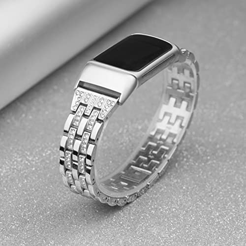 Silver Rhinestone Metal Bracelet Compatible with Fitbit Charge 6/5 - Luxurious Women's Wristband