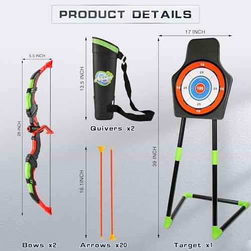 Bow and Arrow Set for Kids, 2-Pack LED Light Up Archery Set with 20 Suction Cup Arrows, Indoor and Outdoor Toy for Boys Girls Age 4-8 8-12 with Standing Target&2 Quivers, Birthday Gift 3-12 Years Old
