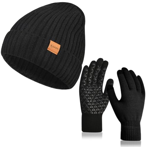 Winter Beanie Hat and Touchscreen Gloves Set for Men Women - Black, One Size
