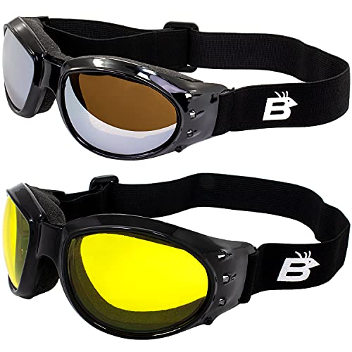 Motorcycle Padded Airsoft Goggles with Mirror Lens for Day & Night Riding - Black & Red Eagle Style, 2 Pairs