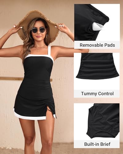 Tempt Me Two Piece Tankini Swimsuit with Skirt - Tummy Control Bathing Suit Large Black & White