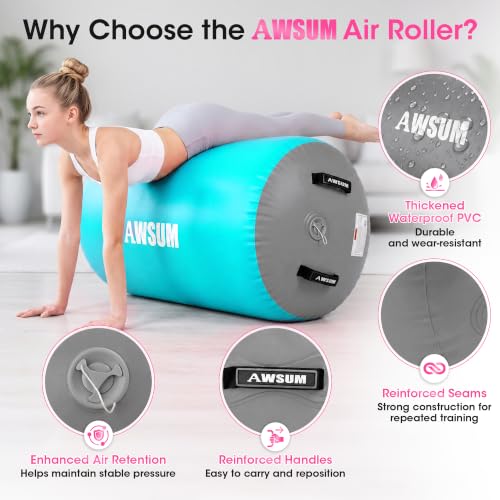 Inflatable Gymnastics Barrel for Back Handspring & Walkover – Mint Green/Grey, 39.4"L x 19.7"D